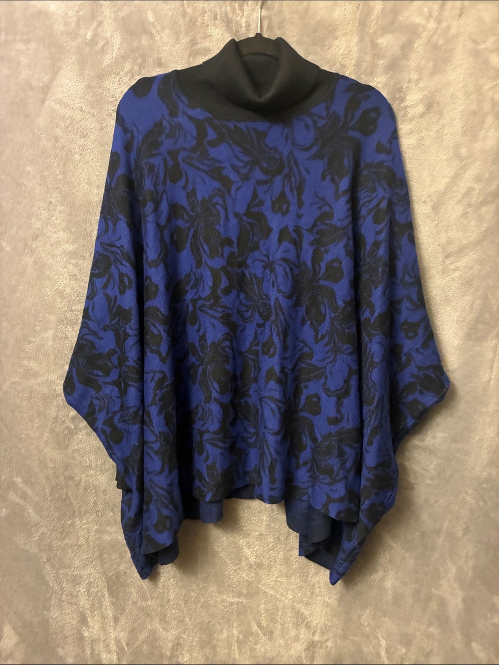 JM Collection Blue and Black Floral Cowl Neck Poncho Sweater. XL. EUC.